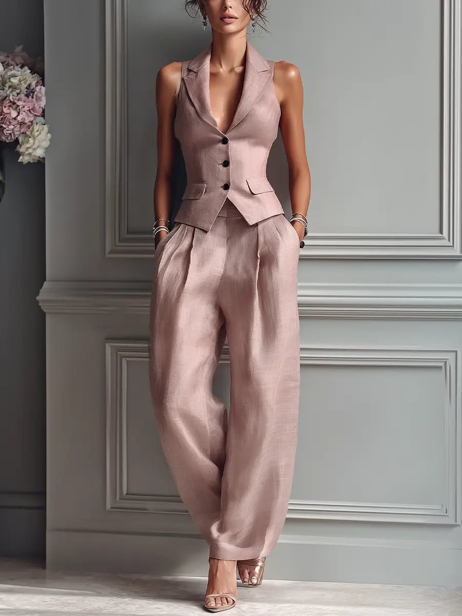 Elegant Blush Pink Linen Wide Leg Set for Women with V Neck Button Front Tailored Two Piece Style