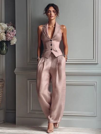 Elegant Blush Pink Linen Wide Leg Set for Women with V Neck Button Front Tailored Two Piece Style