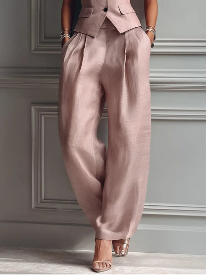 Elegant Blush Pink Linen Wide Leg Set for Women with V Neck Button Front Tailored Two Piece Style