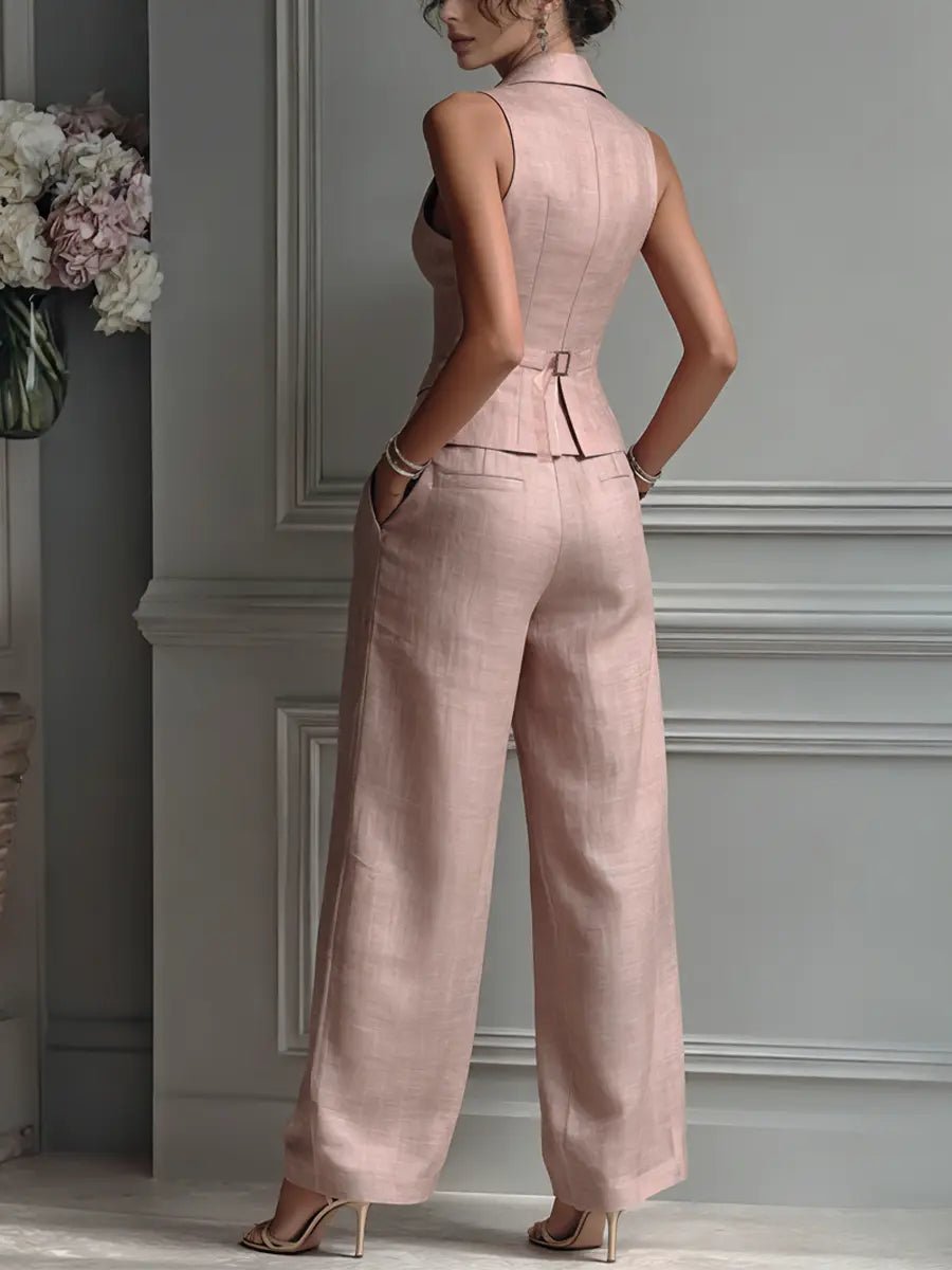 Elegant Blush Pink Linen Wide Leg Set for Women with V Neck Button Front Tailored Two Piece Style