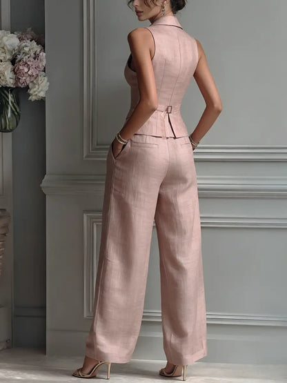 Elegant Blush Pink Linen Wide Leg Set for Women with V Neck Button Front Tailored Two Piece Style