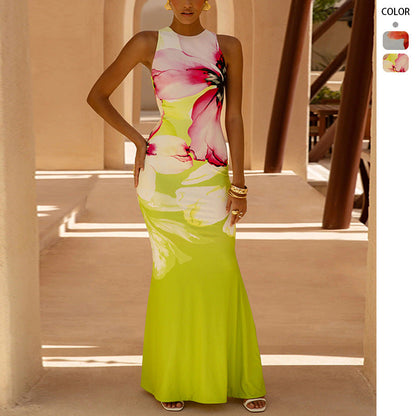 Elegant Floral Print Mermaid Maxi Dress for Women with Round Neck Sleeveless Bodycon Flowing Style