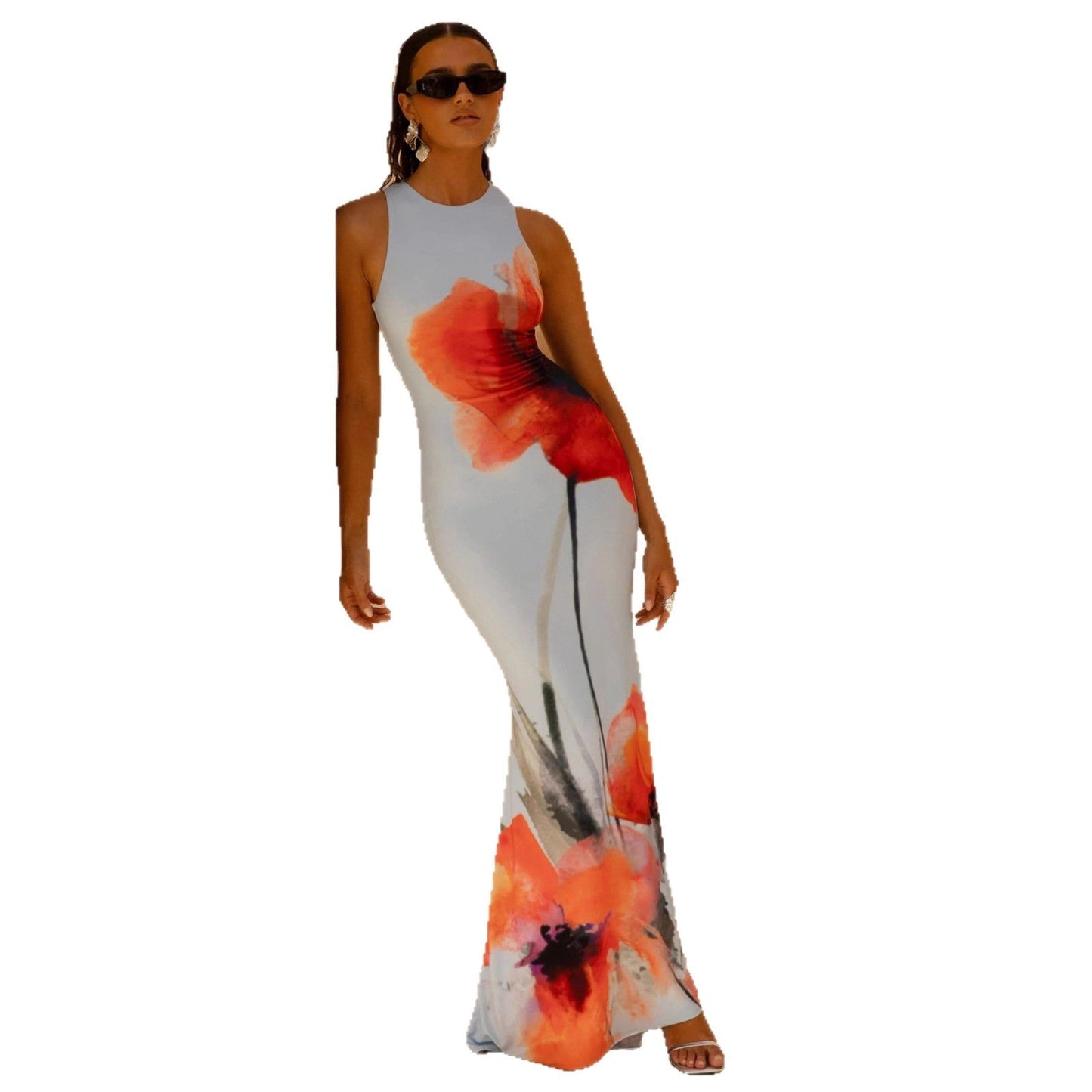 Elegant Floral Print Mermaid Maxi Dress for Women with Round Neck Sleeveless Bodycon Flowing Style