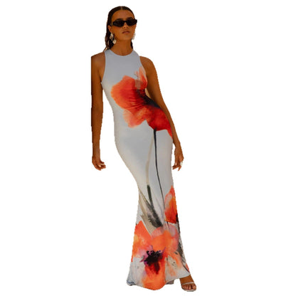 Elegant Floral Print Mermaid Maxi Dress for Women with Round Neck Sleeveless Bodycon Flowing Style