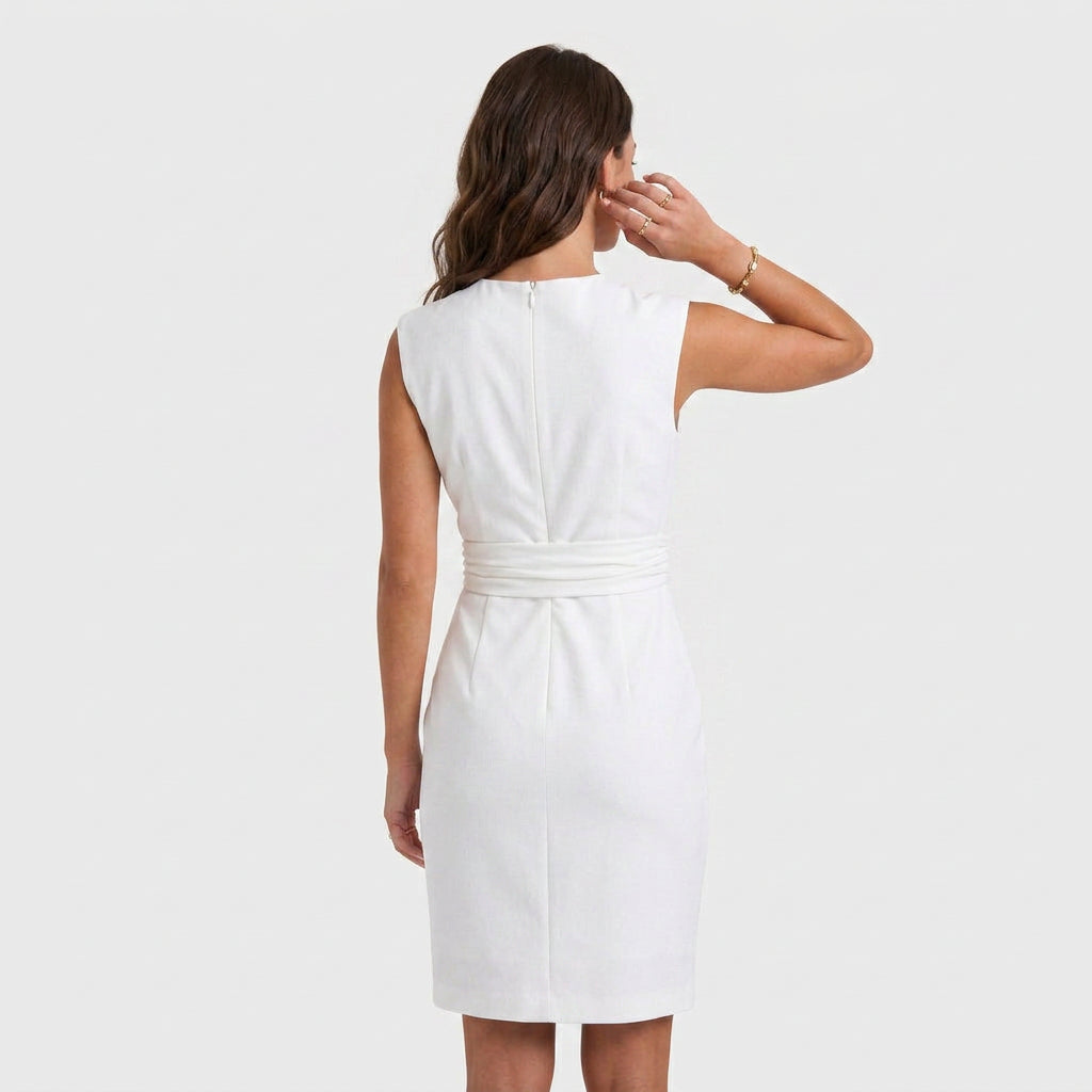 Effortless Cocktail Party Dress for Women with Keyhole Neck Cap Sleeve Gathered Waist Bodycon Style