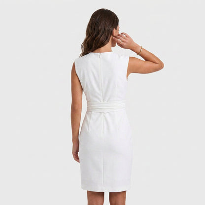 Effortless Cocktail Party Dress for Women with Keyhole Neck Cap Sleeve Gathered Waist Bodycon Style