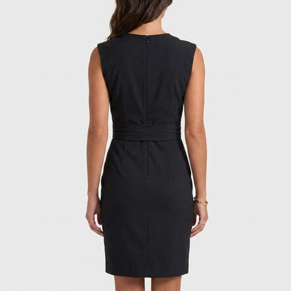 Effortless Cocktail Party Dress for Women with Keyhole Neck Cap Sleeve Gathered Waist Bodycon Style