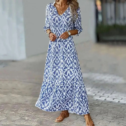 Effortless Blue Ikat Maxi Dress for Women with V Neck Bell Sleeve Tiered Flowing Bohemian Style