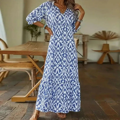 Effortless Blue Ikat Maxi Dress for Women with V Neck Bell Sleeve Tiered Flowing Bohemian Style