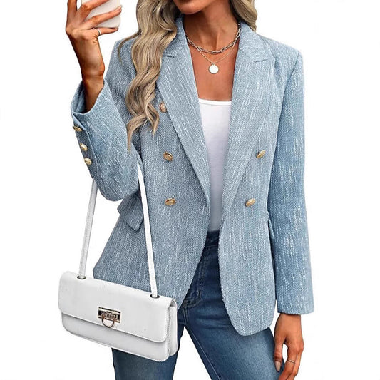 Elegant Tweed Blazer for Women with Notched Lapel Long Sleeve Double Breasted Tailored Style
