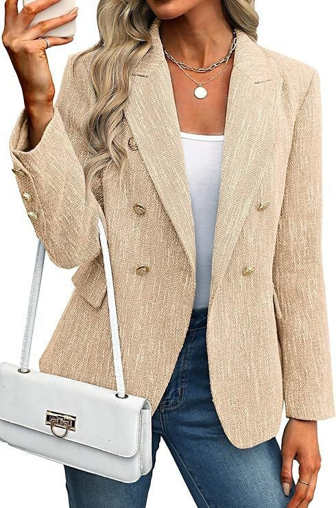 Elegant Tweed Blazer for Women with Notched Lapel Long Sleeve Double Breasted Tailored Style
