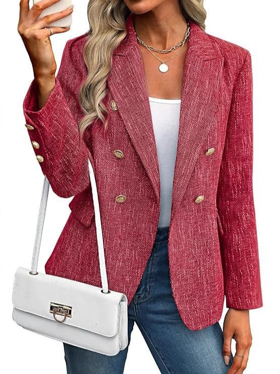 Elegant Tweed Blazer for Women with Notched Lapel Long Sleeve Double Breasted Tailored Style
