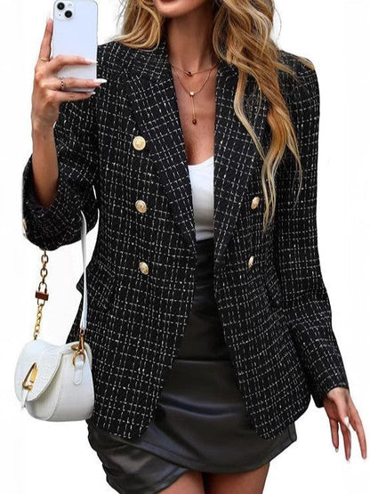 Elegant Tweed Blazer for Women with Notched Lapel Long Sleeve Double Breasted Tailored Style