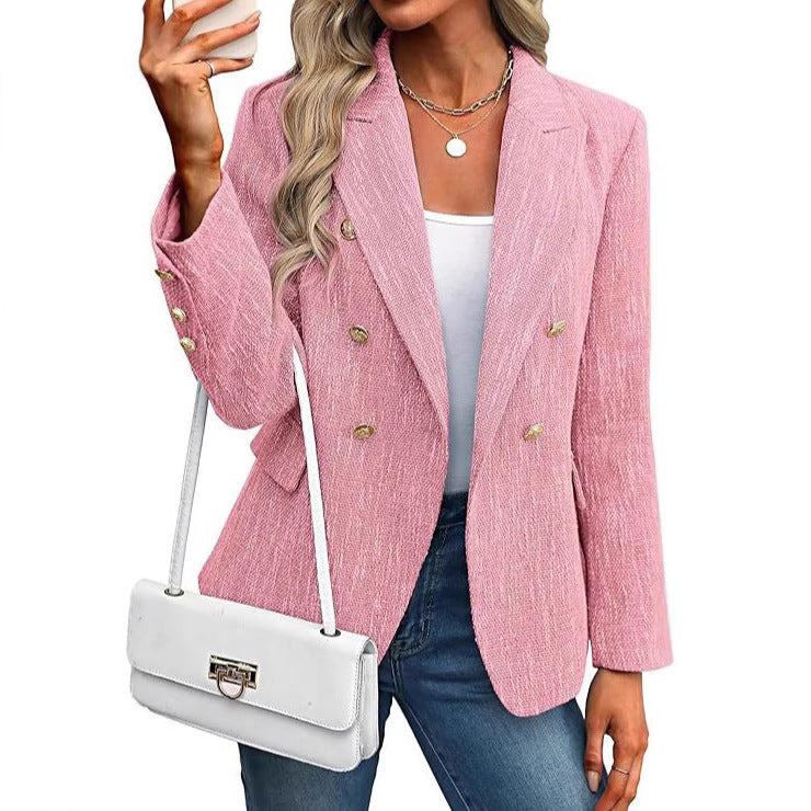 Elegant Tweed Blazer for Women with Notched Lapel Long Sleeve Double Breasted Tailored Style