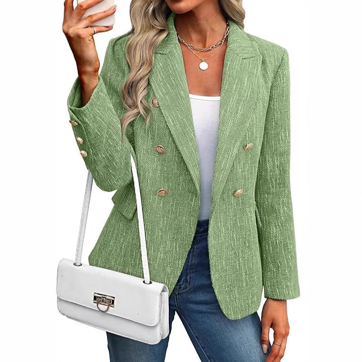 Elegant Tweed Blazer for Women with Notched Lapel Long Sleeve Double Breasted Tailored Style