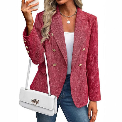 Elegant Tweed Blazer for Women with Notched Lapel Long Sleeve Double Breasted Tailored Style