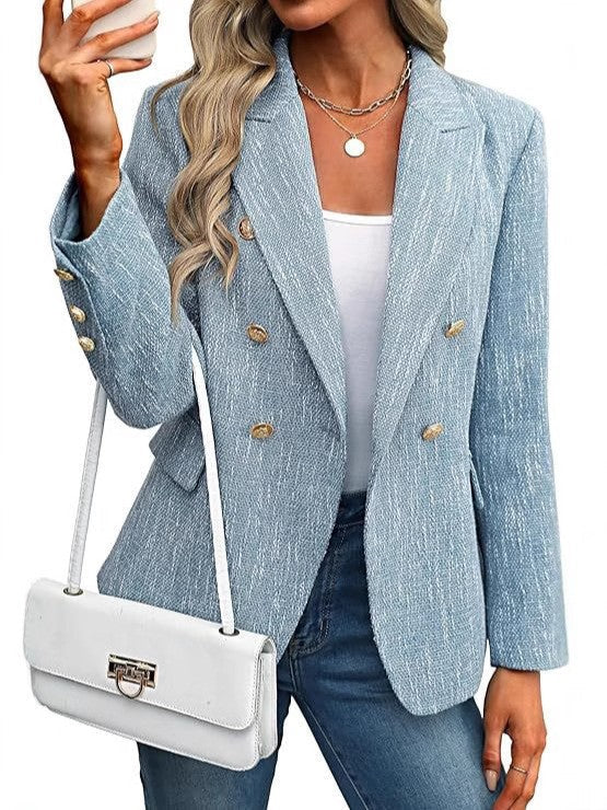 Elegant Tweed Blazer for Women with Notched Lapel Long Sleeve Double Breasted Tailored Style