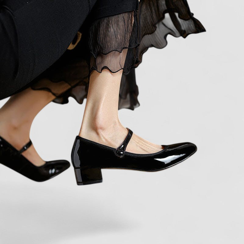 Elegant Patent Leather Mary Jane Heels for Women with Round Toe Ankle Strap Block Heel Style