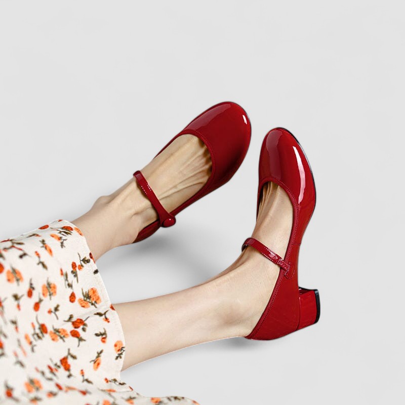 Elegant Patent Leather Mary Jane Heels for Women with Round Toe Ankle Strap Block Heel Style