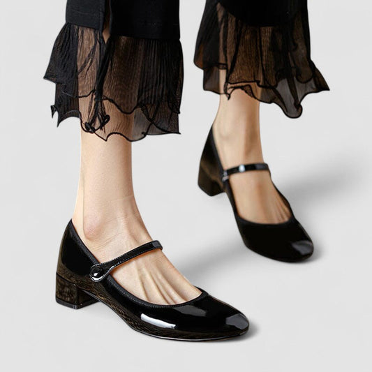 Elegant Patent Leather Mary Jane Heels for Women with Round Toe Ankle Strap Block Heel Style