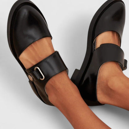 Stylish Black Leather Mary Jane Loafer for Women with Buckle Strap Cutout Round Toe Flat Style