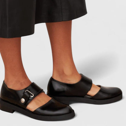Stylish Black Leather Mary Jane Loafer for Women with Buckle Strap Cutout Round Toe Flat Style