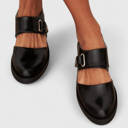 Stylish Black Leather Mary Jane Loafer for Women with Buckle Strap Cutout Round Toe Flat Style
