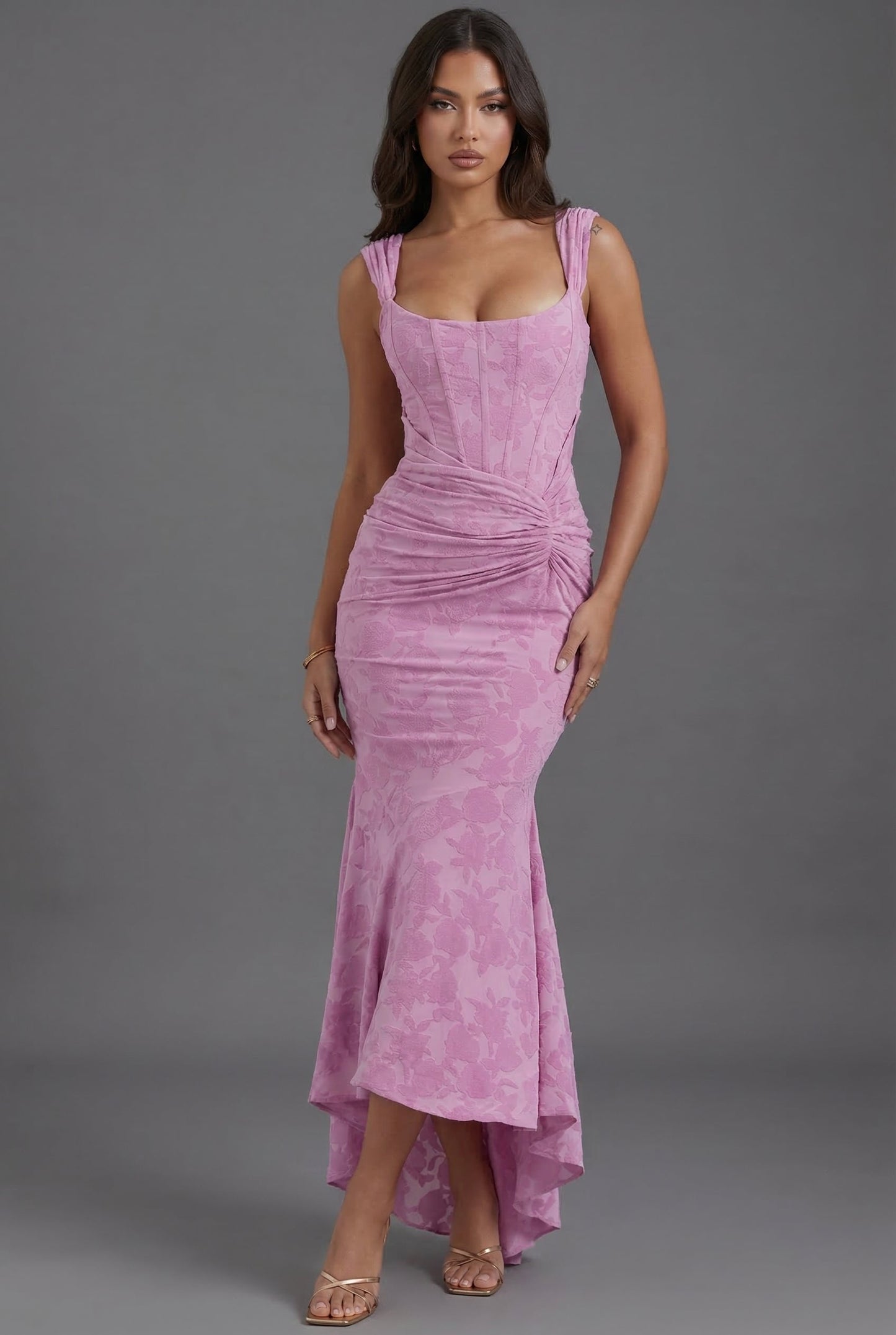Elegant Pink Floral Autumn Wedding Guest Dress for Women with Square Neck Sleeveless Corset High Low Mermaid Style