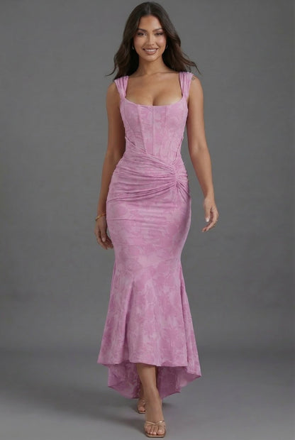 Elegant Pink Floral Autumn Wedding Guest Dress for Women with Square Neck Sleeveless Corset High Low Mermaid Style