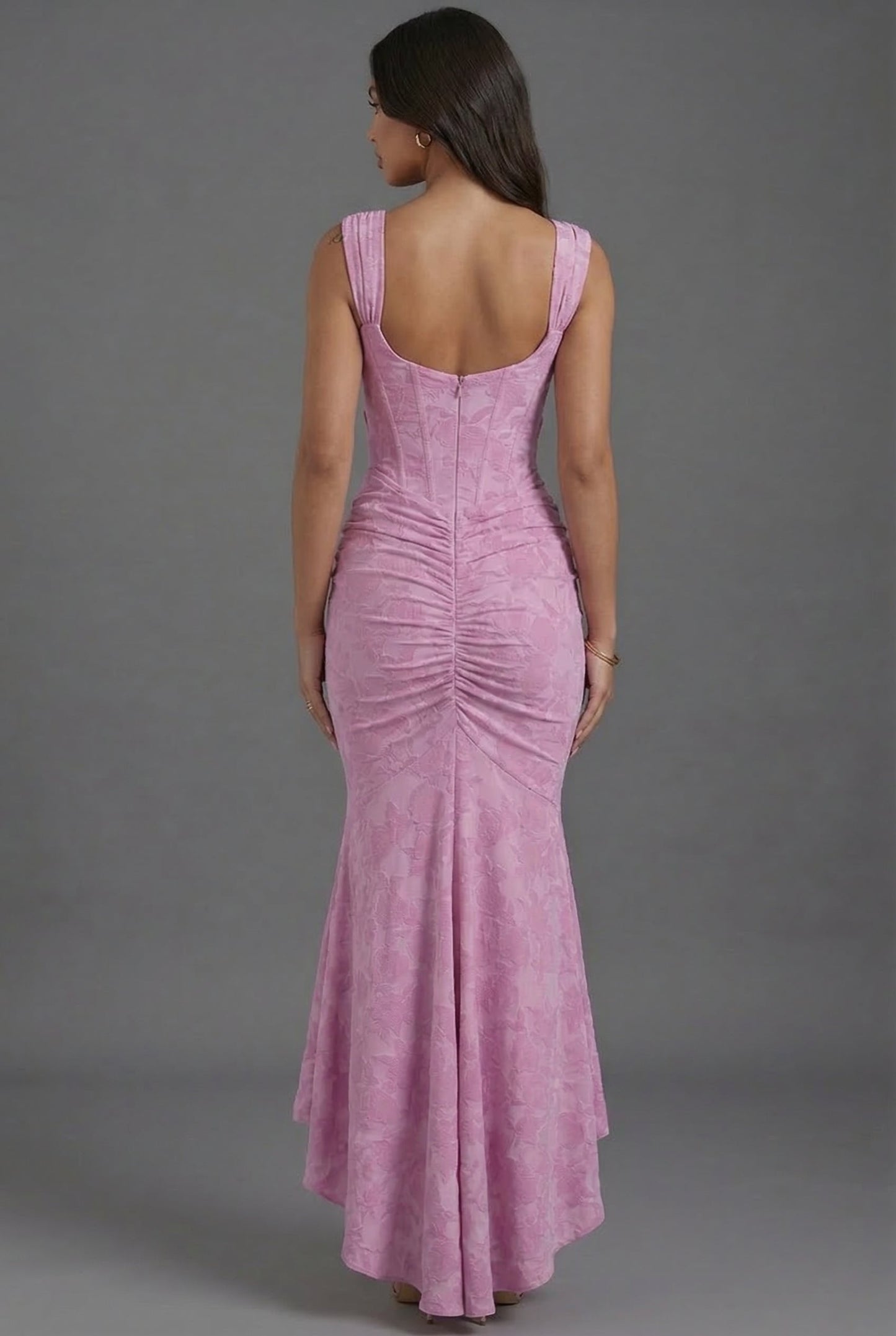 Elegant Pink Floral Autumn Wedding Guest Dress for Women with Square Neck Sleeveless Corset High Low Mermaid Style