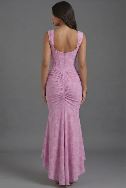 Elegant Pink Floral Autumn Wedding Guest Dress for Women with Square Neck Sleeveless Corset High Low Mermaid Style