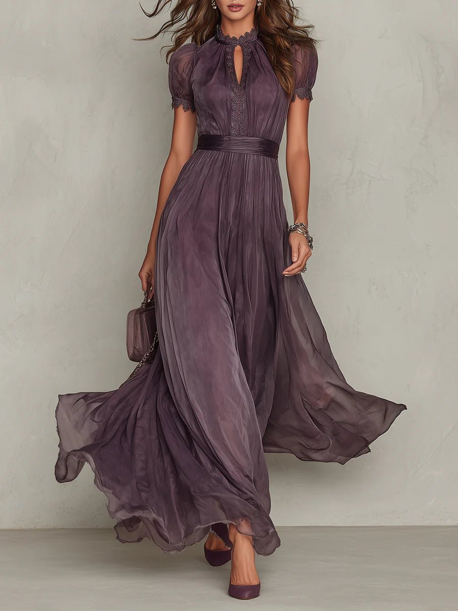 Elegant Purple Chiffon Autumn Wedding Guest Dress for Women with High Neck Short Sleeve Lace Trim Flowing Style