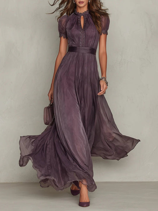 Elegant Purple Chiffon Autumn Wedding Guest Dress for Women with High Neck Short Sleeve Lace Trim Flowing Style