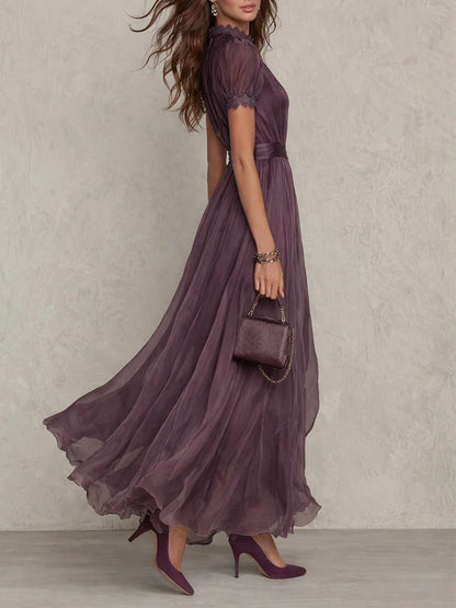 Elegant Purple Chiffon Autumn Wedding Guest Dress for Women with High Neck Short Sleeve Lace Trim Flowing Style