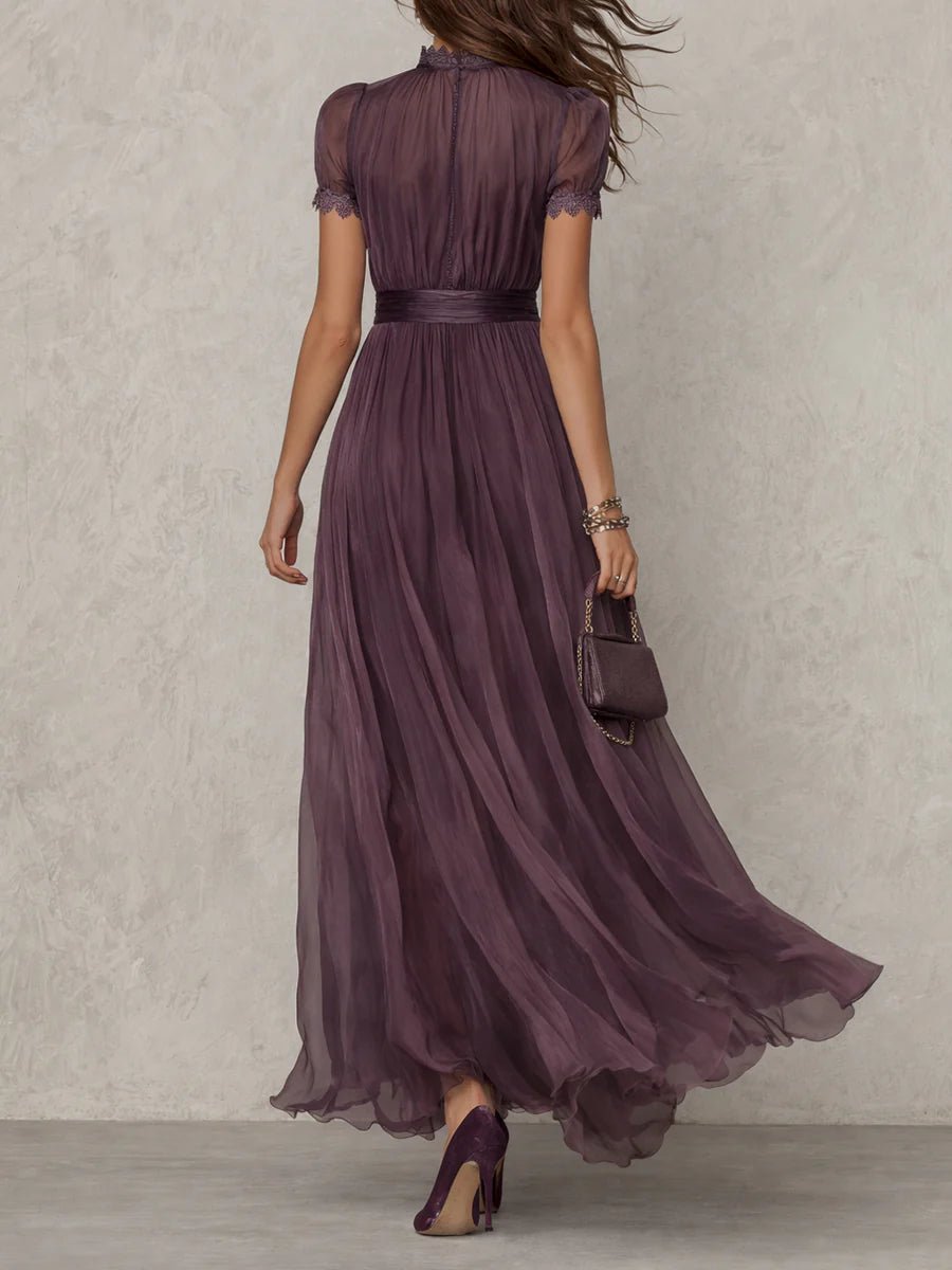 Elegant Purple Chiffon Autumn Wedding Guest Dress for Women with High Neck Short Sleeve Lace Trim Flowing Style