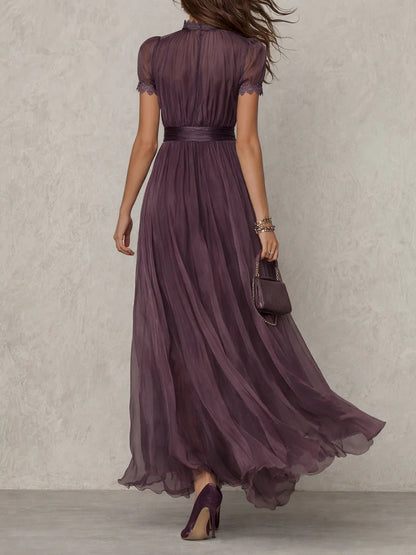 Elegant Purple Chiffon Autumn Wedding Guest Dress for Women with High Neck Short Sleeve Lace Trim Flowing Style