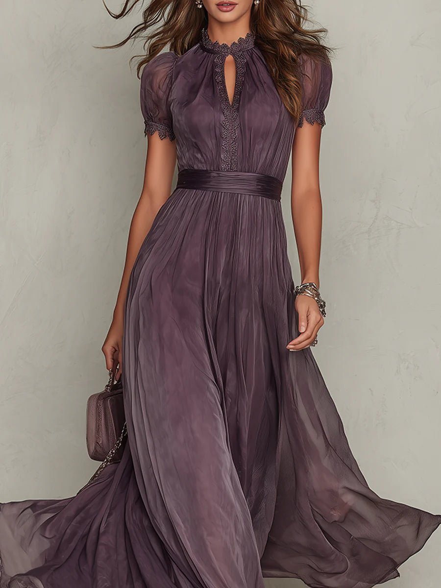 Elegant Purple Chiffon Autumn Wedding Guest Dress for Women with High Neck Short Sleeve Lace Trim Flowing Style