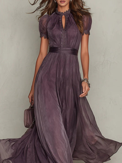 Elegant Purple Chiffon Autumn Wedding Guest Dress for Women with High Neck Short Sleeve Lace Trim Flowing Style