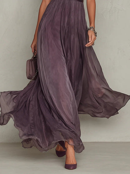 Elegant Purple Chiffon Autumn Wedding Guest Dress for Women with High Neck Short Sleeve Lace Trim Flowing Style