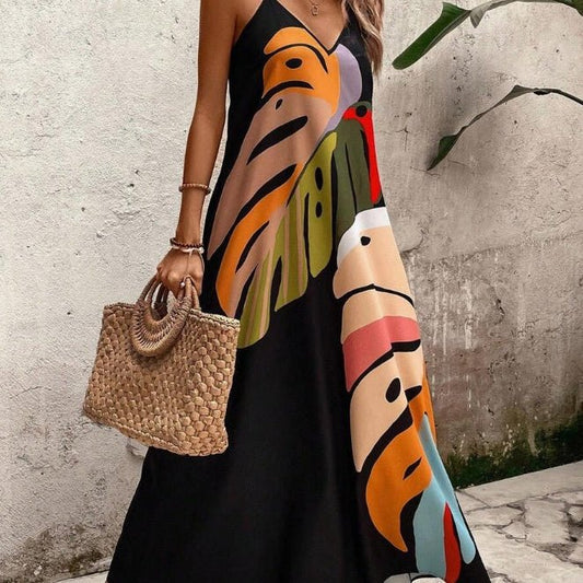Effortless Abstract Print Maxi Dress for Women with V Neck Spaghetti Strap Flowing Bohemian Style