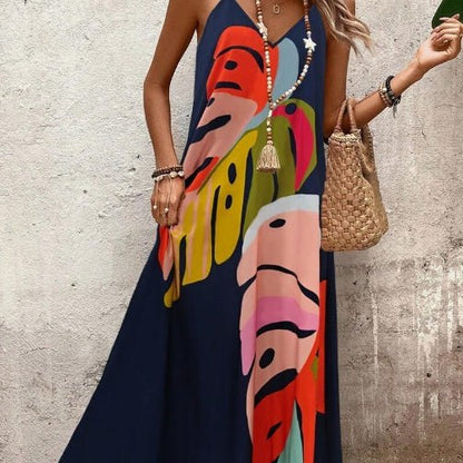 Effortless Abstract Print Maxi Dress for Women with V Neck Spaghetti Strap Flowing Bohemian Style
