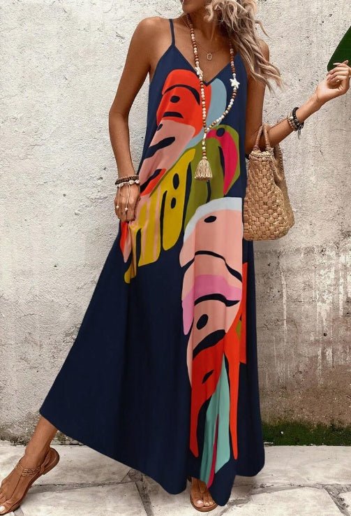 Effortless Abstract Print Maxi Dress for Women with V Neck Spaghetti Strap Flowing Bohemian Style