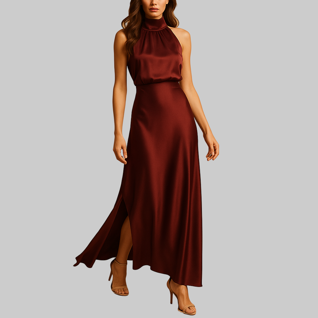 Elegant Satin Cocktail Dress for Women with Mock Neck Sleeveless High Slit Flowing Style
