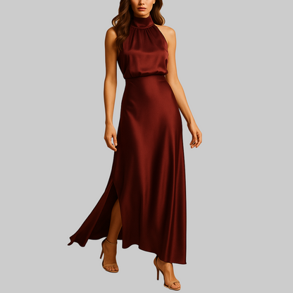 Elegant Satin Cocktail Dress for Women with Mock Neck Sleeveless High Slit Flowing Style