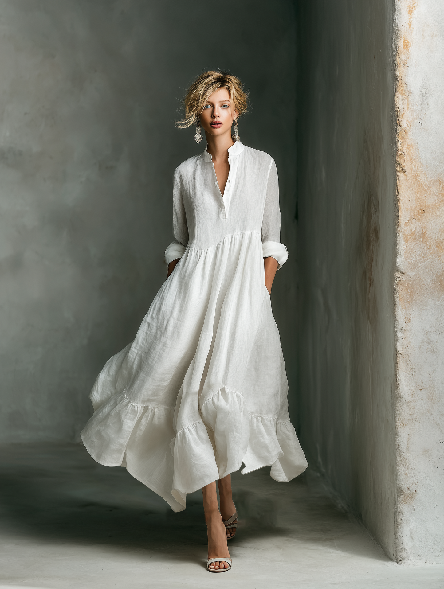 Elegant White Linen Maxi Dress for Women with V Neck Long Sleeve Tiered Ruffle Flowing Bohemian Style