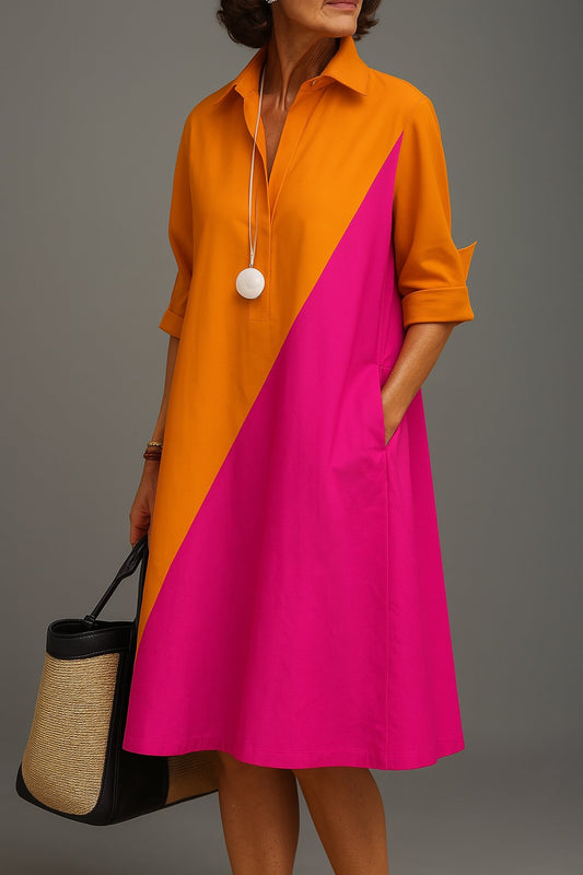 Elegant Orange and Pink Colorblock Shirt Dress for Women with Collar Elbow Sleeve Relaxed A Line Style