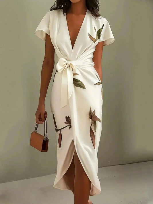 Effortless Floral Midi Dress for Women with V Neck Flutter Sleeve Wrap Tie Waist Tulip Hem Style
