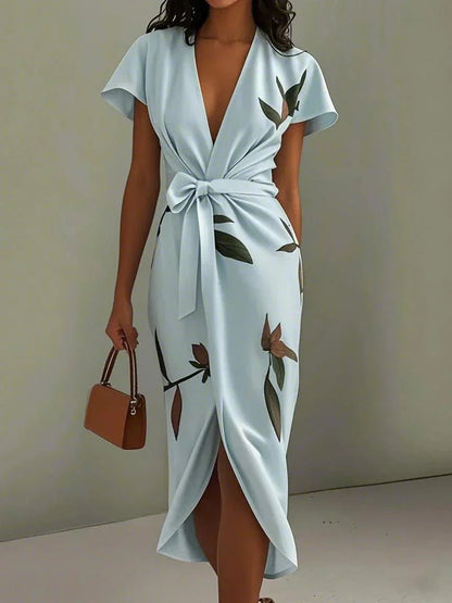 Effortless Floral Midi Dress for Women with V Neck Flutter Sleeve Wrap Tie Waist Tulip Hem Style