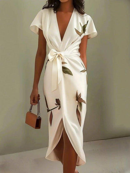 Effortless Floral Midi Dress for Women with V Neck Flutter Sleeve Wrap Tie Waist Tulip Hem Style
