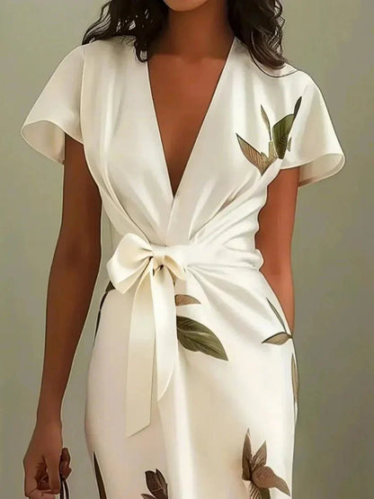 Effortless Floral Midi Dress for Women with V Neck Flutter Sleeve Wrap Tie Waist Tulip Hem Style